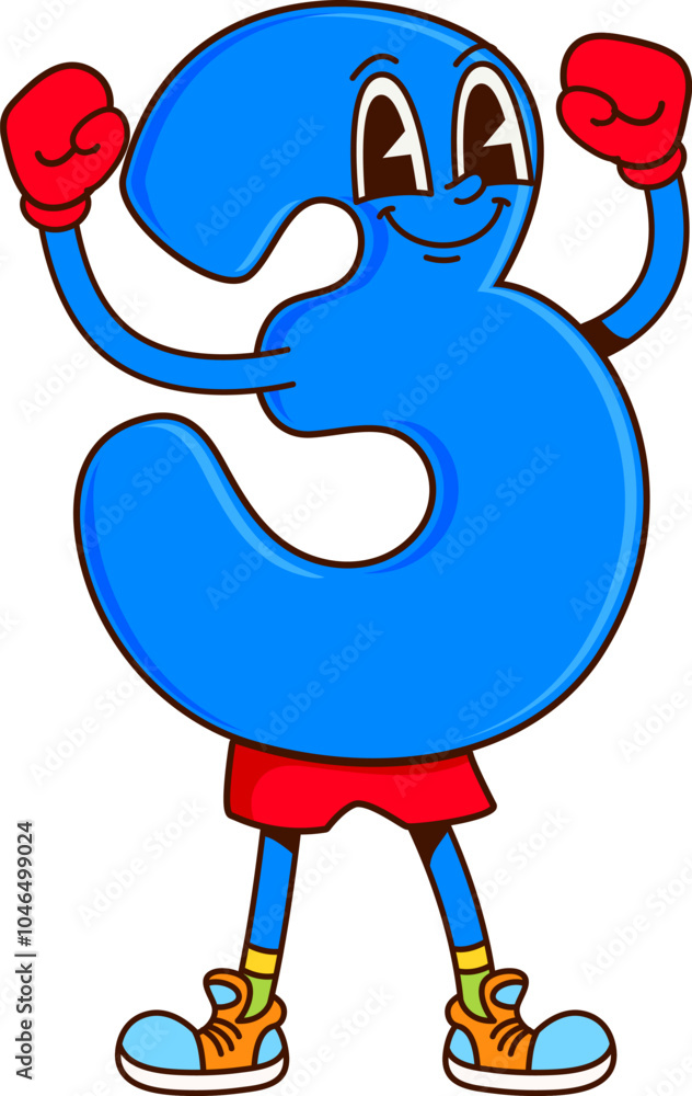 Poster math number three groovy character on fitness. mathematics digit happy cartoon vector character, kid