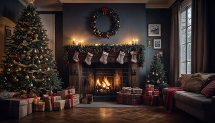 Obraz premium Cozy Christmas living room with decorated trees, stockings, and gifts by the fireplace on a winter evening