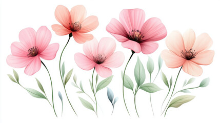 Pink flowers with delicate petals and green leaves, creating serene and uplifting atmosphere. Perfect for invitations or greeting cards.