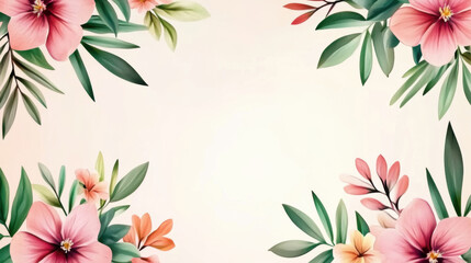 Fototapeta premium Floral border featuring pink and orange flowers with green leaves, perfect for invitations or backgrounds. Perfect for invitations or greeting cards.