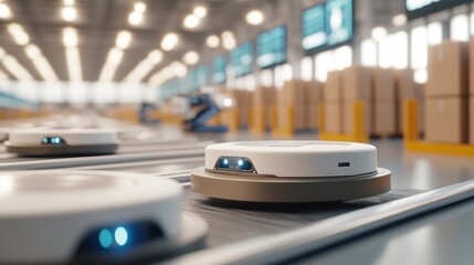 Automated robots transport packages in a modern warehouse, showcasing advanced logistics technology and efficient supply chain operations.