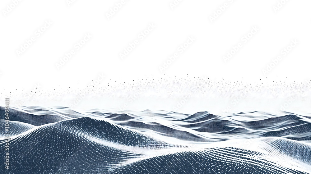 Aufkleber Abstract digital landscape with undulating waves of data points against a white background.