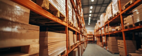 Obraz premium Efficient Hydraulic Lift in Warehouse Operations - Elevated View of Material Transport with Soft Diffused Lighting