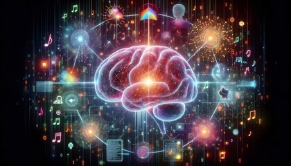 Obraz premium The Boundless Brain: A Glowing Mind Encircled by Art, Code, and Fractals Linked to a Neural Network