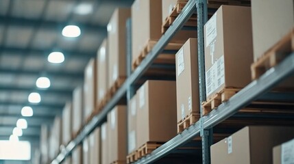 Fototapeta premium Efficient Hydraulic Lift in Action at Modern Logistics Center - Bright Fluorescent Lighting and Organized Racks Enhance Productivity