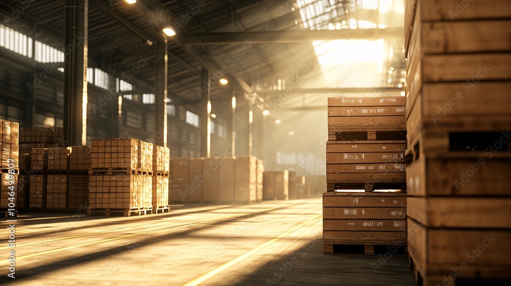 Poster dynamic warehouse operations - hydraulic lifts in action transporting crates under bright overhead l
