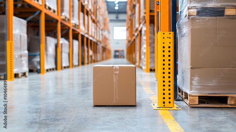 Poster efficient warehouse operations with hydraulic lifts - organized racks filled with crates and boxes i