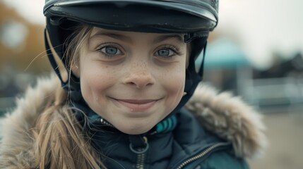 Joyful girl in helmet captured riding a horse during an equestrian lesson, smiling at camera