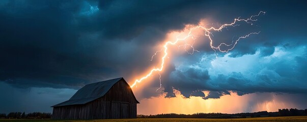 Lightning striking a barn under a stormy sky, dramatic weather scene.