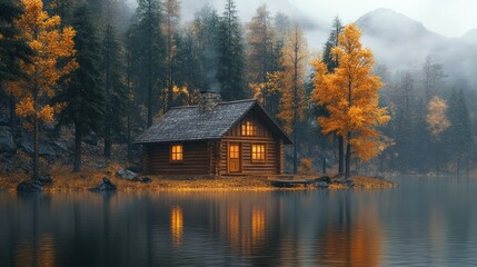 Fototapeta premium A cozy cabin sits on the edge of a misty lake in the autumn forest, with golden leaves and a warm glow from inside.