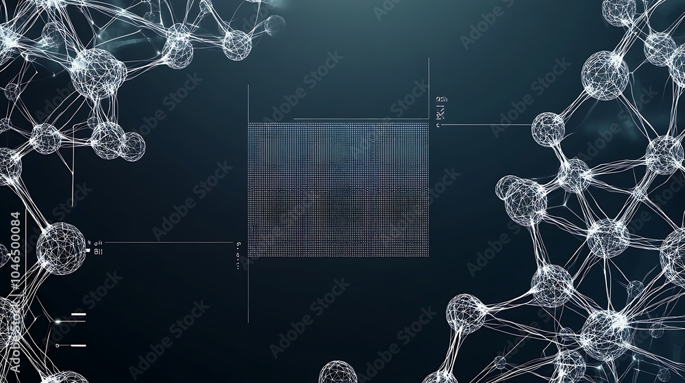 Poster Abstract digital technology background with white connected dots and lines forming a network structure around a square grey space with a pixelated pattern.