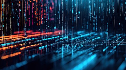 Futuristic digital background with vibrant neon light streaks.