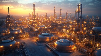 Fototapeta premium Industrial landscape at sunset with illuminated structures.