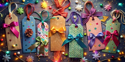 A symphony of colors and textures adorn handcrafted gift tags, each tied with a unique ribbon and adorned with festive embellishments, bathed in the warm glow of twinkling lights.