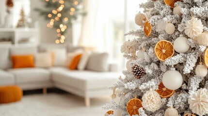 A beautifully decorated Christmas tree adorned with white ornaments and dried orange slices stands in a cozy living room filled with festive spirit during winter