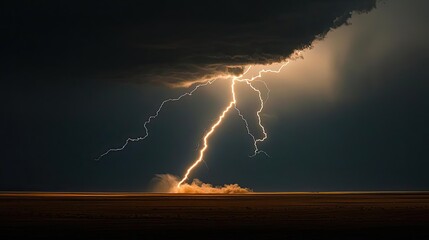 Dramatic lightning striking the ground beneath dark stormy clouds.