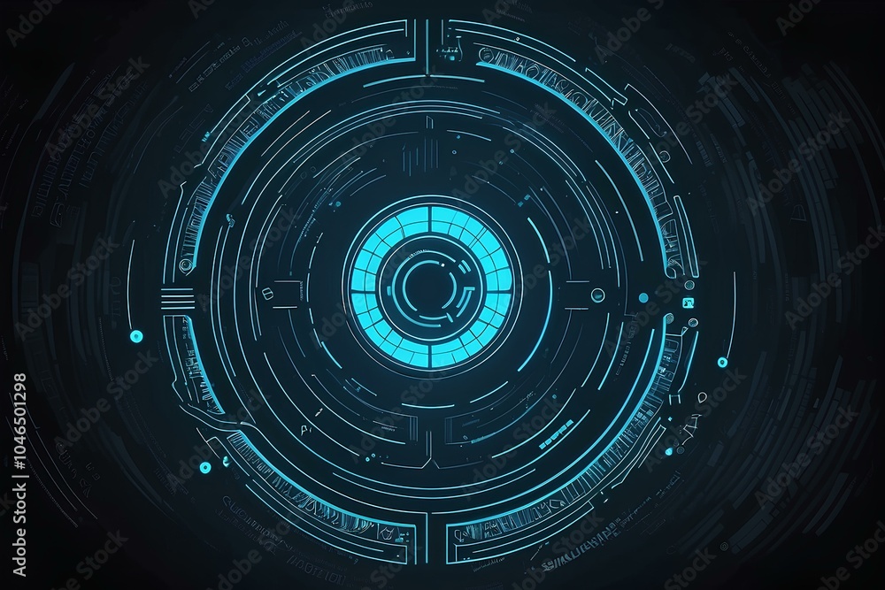 Poster futuristic glowing blue digital core with intricate layers and sharp light effects on a dark modern 