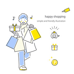 冬に買い物を楽しむ若い男性　シンプルでお洒落な線画イラスト