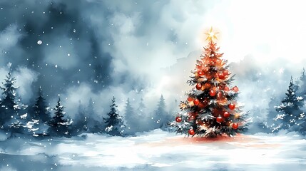 Watercolor Christmas and Winter Scene on White Background