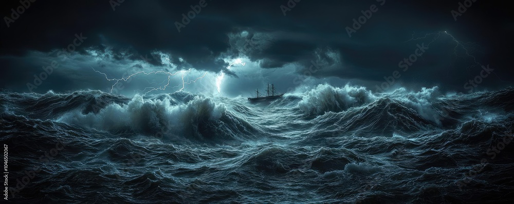 Poster dramatic ocean waves crashing under a stormy sky, creating a powerful seascape.