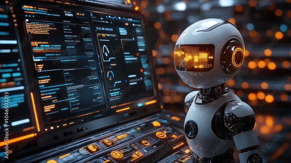 Poster a futuristic robot interacting with a high-tech control panel.