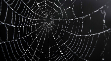 Spider web with dew drops on threads, top view