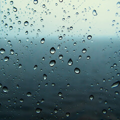 Raindrops on a glass window pane with a blurred sea in the background. The water drops are various sizes and shapes