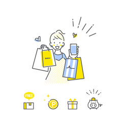 スマホで買い物を楽しむ若い女性　シンプルでお洒落な線画イラスト