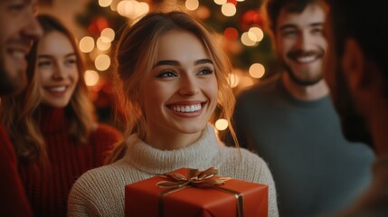 A joyful celebration during a festive gathering where friends exchange gifts and share laughter, illuminated by Christmas lights and decorations