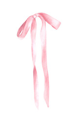 Pink silk bow. Watercolor cute textile hair ribbon, Girl coquette style accessory. Hair bow, hairstyles product label, greeting card element. Hand drawn illustration. Clipart Isolated from background