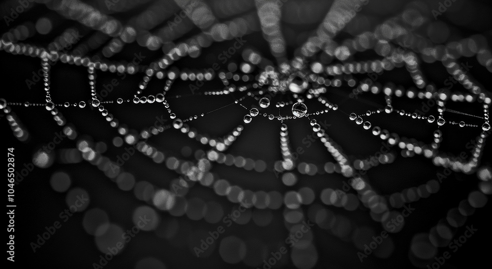 Poster spider web with dew drops on threads, top view