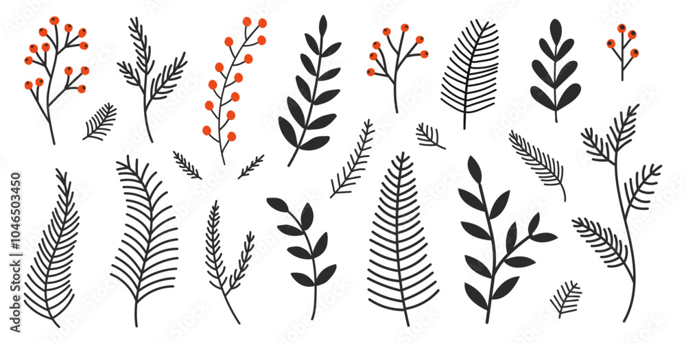 Poster hand drawn set evergreen tree branches. conifer black branches isolated on a white background. minim