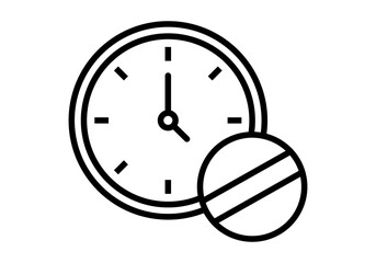 Icono negro de reloj y pastilla de hora de tomar medicación