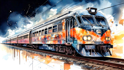 Fototapeta premium Urban Graffiti Express: A vibrant watercolor painting of a speeding train adorned with colorful graffiti, capturing the energy and creativity of urban art. Illustration. Drawing. 5