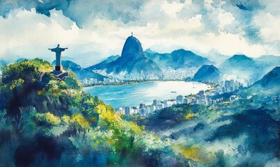 Watercolor RIO DE JANEIRO , Brazil Aerial view of Christ Redeemer and Corcovado Mountain.