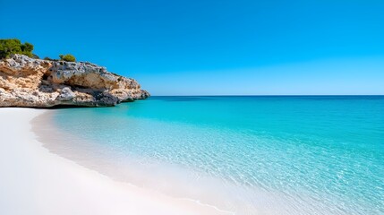 Fototapeta premium Tranquil Tropical Beach with Pristine Turquoise Waters and White Sandy Coastline