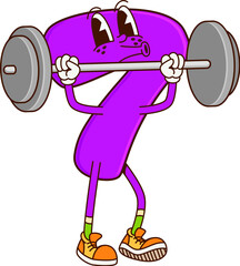 Math number seven groovy character on fitness. Mathematics digit 7 childish isolated cartoon vector personage, school math number or kids education numeric symbol groovy character lifting barbell