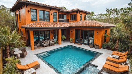 Fototapeta premium Luxurious orange villa with a pool and outdoor seating area.