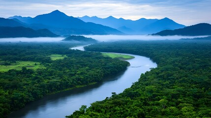 Misty Morning in Lush Valley with Flowing River and Distant Mountains