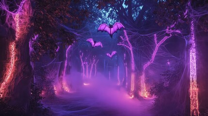 Obraz premium A haunted forest art installation with massive, glowing neon bats, cobweb-covered trees, and fog swirling around the ground