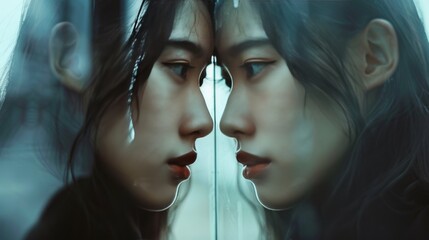 A young woman gazes at her reflection in glass