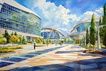 Fototapeta premium Futuristic Buildings with Solar Panels in a Vibrant Landscape