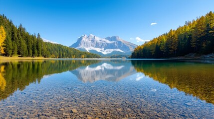 Obraz premium Crystal Clear Lake Surrounded by Tall Pine Trees and Reflected Mountains