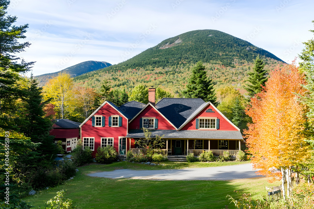 Poster charming red house nestled in a forest with a mountain backdrop during autumn, surrounded by colorfu