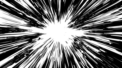 High-contrast black and white radiating lines creating a dramatic sense of movement and focus in comic style