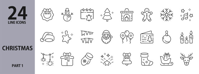 Christmas line icons set with Holiday, Gifts, Decorations, Santa Claus, Garlands, Snowflake, Lights and more. Editable Stroke