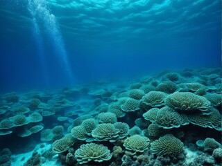 Fototapeta premium A diver explores a vibrant coral reef in the clear blue sea