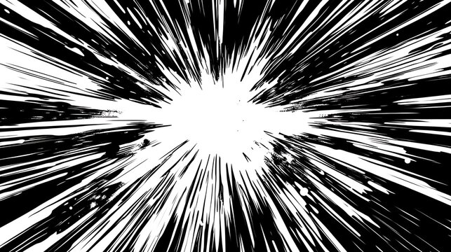 High-contrast black and white radiating lines creating a dramatic sense of movement and focus in comic style