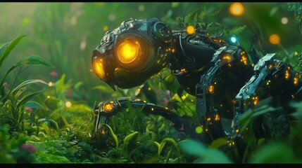A vibrant jungle scene with cyborgs