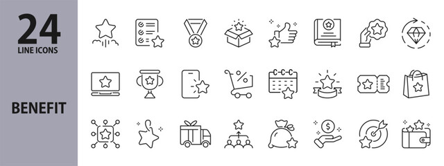 Benefit line icons set with Present, Coupon, Reward, Profit, Star, Gift, Wallet and more. Editable Stroke